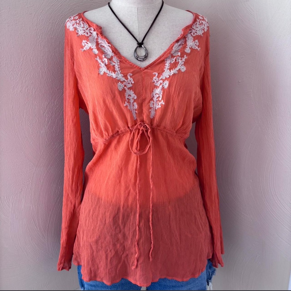 Vintage Silk Sheer Orange Boho Chic Blouse with White Embroidery